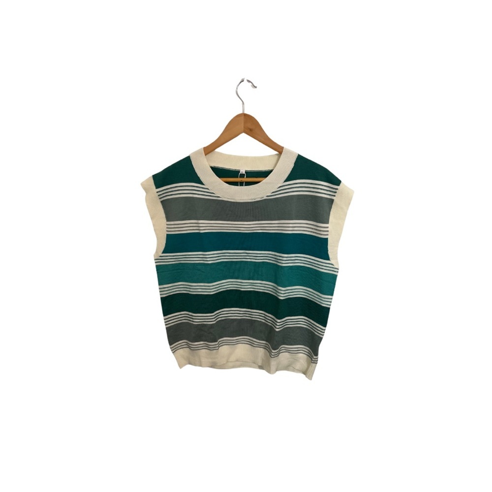 Striped Sleeveless Sweater Vest- Green and Cream